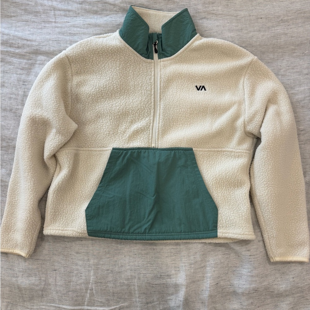 RVCA Cream Sherpa Pullover with Teal Trim